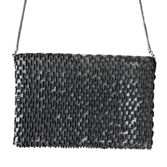Vintage Gunmetal Beaded La Regal Evening Bag Clutch Shoulder Chain Silver Deco - Picture 10 of 15